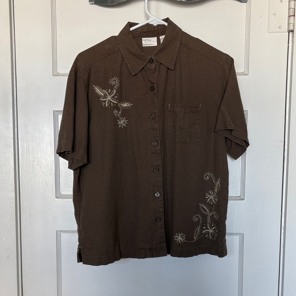 Erika Brown Casual Button Down Linen Blend Shirt with Embroidery Size M